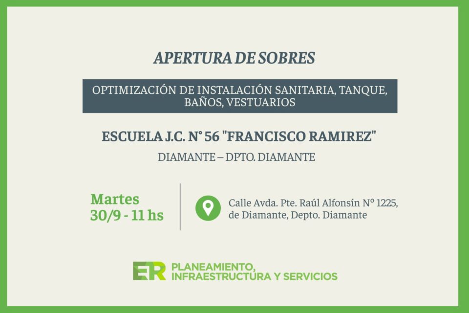Se intervendrá el sistema sanitario y reparaciones edilicias en la escuela Nº 56 de Diamante